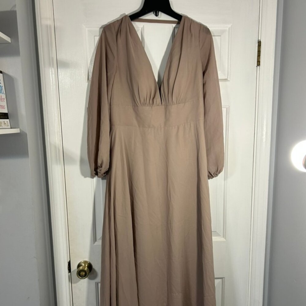 Hebeos Beige Formal Maxi Dress w Plunging Neckline
